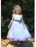 White Satin Tulle Purple Petals Tea Length Flower Girl Dress